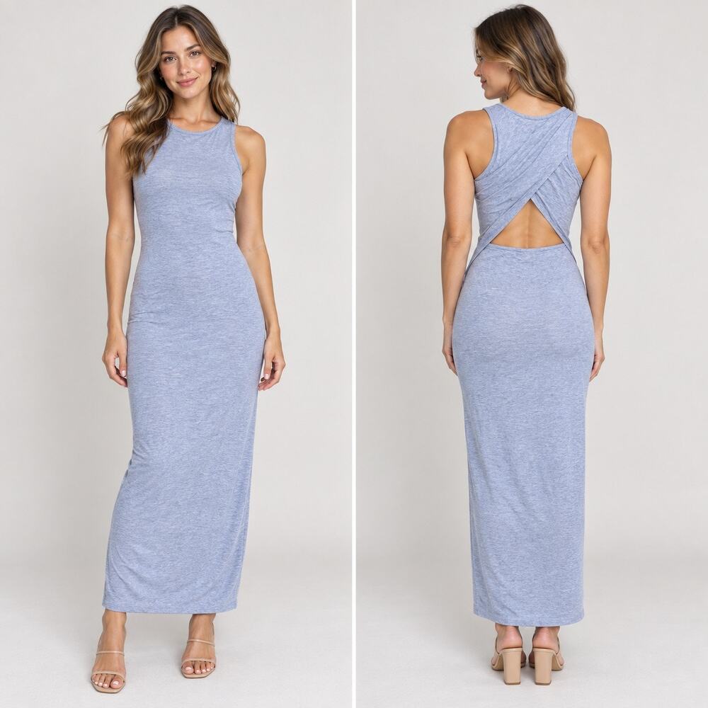 Charlotte Russe Bodycon Dress Womens Medium Gray Jersey Knit Open Back Maxi
